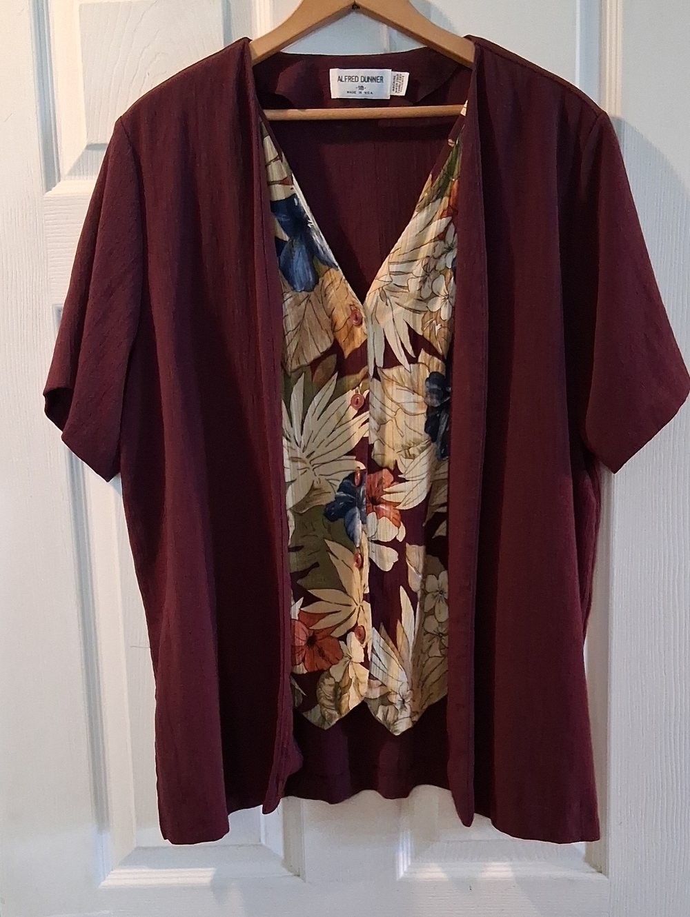 Alfred Dunner Burgundy Layered V-Neck Tunic with Floral Inset